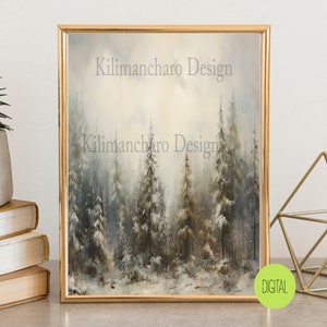 Rustic Winter Landscape Print | Vintage Snowy Countryside Painting | Farmhouse Decor XMas Wall Digital Print | Winter Landscape Earth Tone