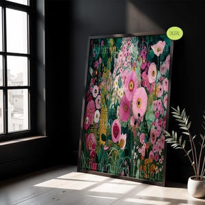 Gustav Klimt-stil Vildblommande äng begränsad upplaga tryck | horisontell abstrakt blomträdgårdsmålning | Digital nedladdning