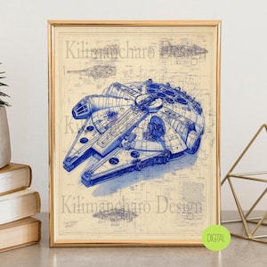 Peut inclure: Impression encadrée de style plan de la Millennium Falcon en encre bleue. L'impression est sur un fond beige avec le texte "Kilimanjaro Design" et "DIGITAL". L'impression est dans un cadre doré.