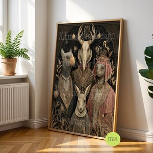 May include: A framed digital art print featuring anthropomorphic animal figures in ornate attire. The artwork showcases a central figure with a deer skull head, flanked by an owl, a rabbit, and another rabbit. The color palette includes gold, black, and shades of pink.