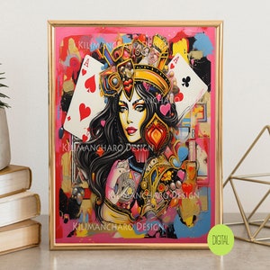 Queen of Hearts funky playing card | Colorful wall art | Dorm Decor preppy y2k room | Aesthetic maximalist wall art