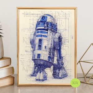 Wandbild mit Roboter-Bauplan | Bauplan-Kunst für Geeks und Gamer | Digitaler Sci-Fi-Schaltplan