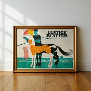 May include: A framed vintage poster titled LUSTIGE BLATTER featuring a stylized illustration of a centaur with yellow and orange stripes standing in teal water next to a dark blue figure. The centaur holds a red hat and a pink mesh bag.