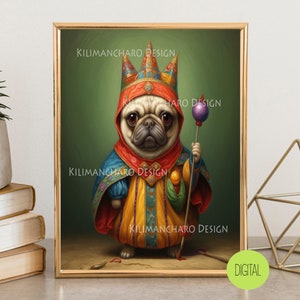 Pug Court Jester | Low Brow Printable Wall Art | Cute whimsical Pug Character | Modern Printable Art