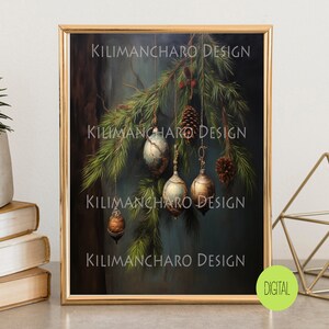 Printable Christmas Tree Gold Ornaments | Digital Print | Vintage Holiday Wall Art | Muted Neutral Farmhouse | Rustic Winter Prints