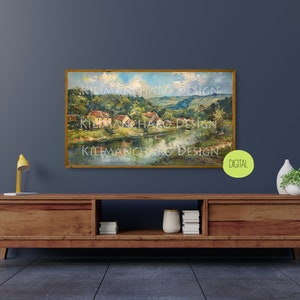 Stampa artistica da parete con paesaggio estivo vintage smorzato / Stampa digitale sul fiume / Dipinti antichi estivi di campagna / Edizione limitata / Arte TV con cornice