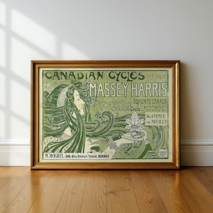 May include: A framed vintage advertisement poster for Canadian Cycles Massey Harris in shades of green and cream. The illustration features a person with long flowing hair holding a bicycle handlebar with a maple leaf, including text details.