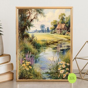English Countryside Painting | Vintage Landscape Print | Antique European Art | Rustic Print | Meadow Trees | 19th Century