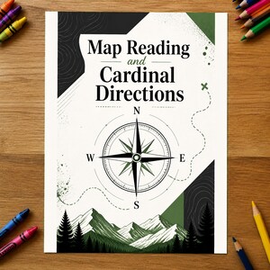 May include: A rectangular educational poster titled Map Reading and Cardinal Directions featuring a central black and white compass rose, a dashed path, and a landscape illustration of green mountains and pine trees at the bottom.