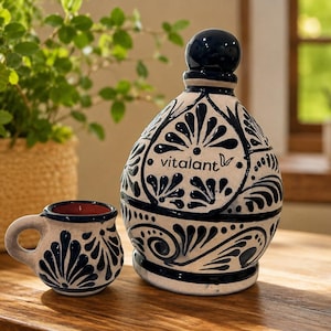 Puede incluir: Un decantador de cerámica con tapón redondo y una taza pequeña a juego, ambos con base color crema y motivos florales azul oscuro pintados a mano. El decantador muestra el texto vitalant en letras negras en su superficie frontal.
