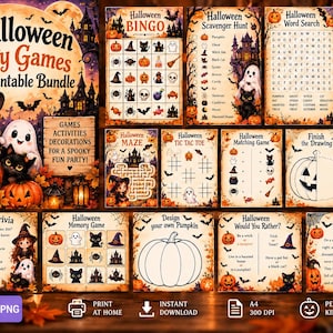 Può includere: Un set di 14 giochi per feste di Halloween stampabili che include varie attività come bingo, caccia al tesoro, ricerca parole, trova l'oggetto, labirinto, tris, gioco di memoria, disegno, pagina da colorare, trivia, design di zucca e mad libs.