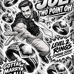 May include: A black and white comic-style illustration featuring a person reaching forward with multiple rings floating around them. The text reads JOE TWO POINT OH, LEVEL 2 RINGS COMING SOON, and GOTTA MARRY EM ALL. The rings have a central gem and side accents.