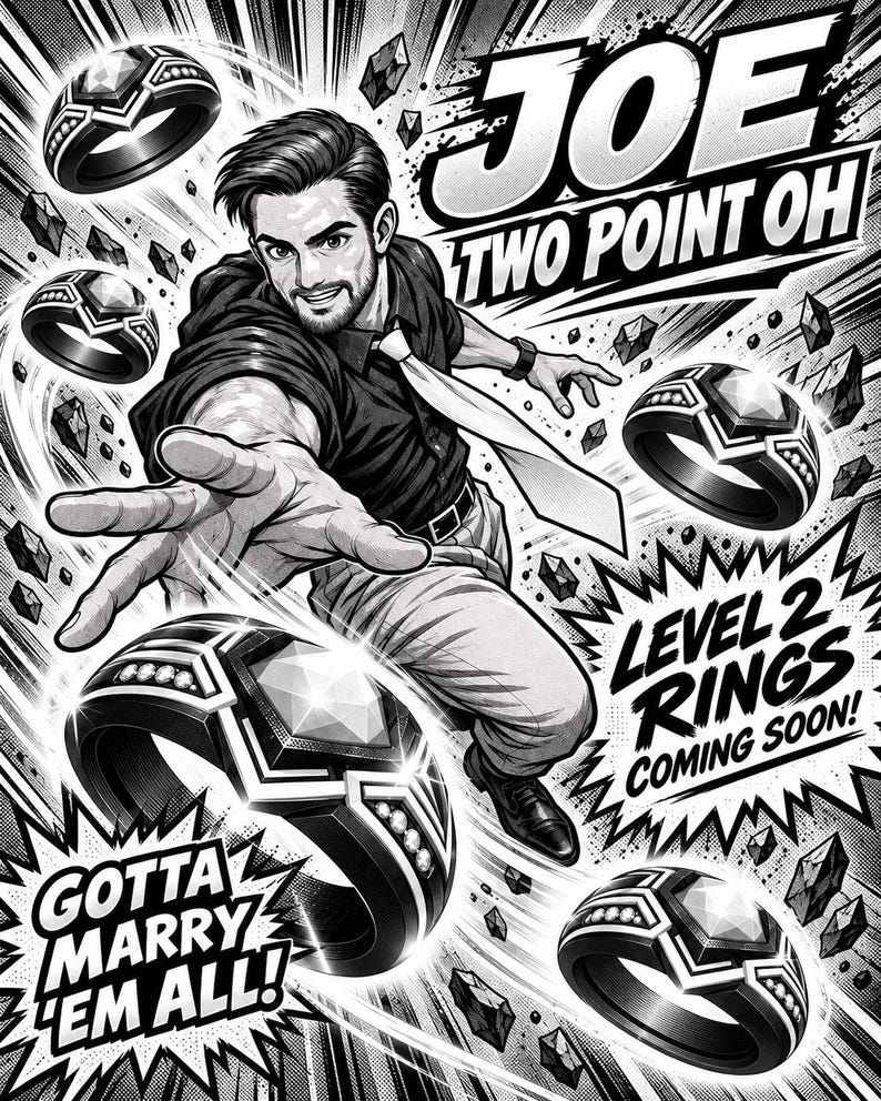 May include: A black and white comic-style illustration featuring a person reaching forward with multiple rings floating around them. The text reads JOE TWO POINT OH, LEVEL 2 RINGS COMING SOON, and GOTTA MARRY EM ALL. The rings have a central gem and side accents.