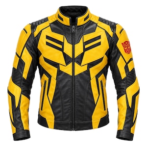 May include: A yellow and black leather jacket featuring a stand-up collar, a full-length front zipper, and two zippered side pockets. The design includes geometric paneling and a red Autobot logo emblem on the upper left sleeve.