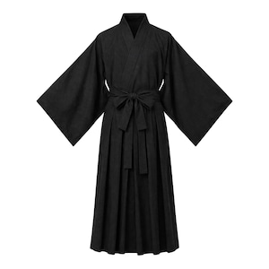 Black Samurai Kimono Robe, Japanese Hakama Uniform, Cotton Warrior Outfit, Cosplay LARP Garb