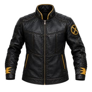 May include: A black leather jacket featuring a stand-up collar with yellow trim, a full-length front zipper, and two side pockets with yellow accents. The left shoulder displays a circular yellow and black X emblem, and the cuffs have yellow jagged detailing.