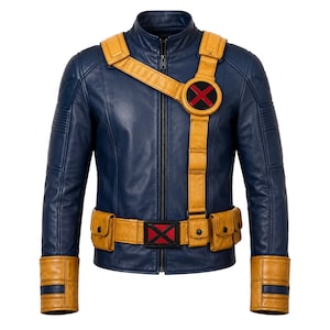 Cyclops Inspired Leather Jacket, Blue Yellow X Men Cosplay Costume, Men's Superhero Biker Jacket