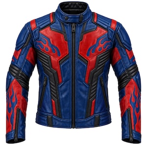 May include: A blue, red, and black motorcycle jacket featuring a mandarin collar with a snap button, a central zipper, and flame-patterned accents on the chest and sleeves. The jacket includes quilted shoulder panels and zippered pockets.