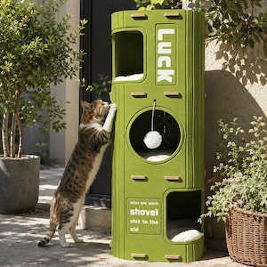 Árbol para gatos moderno de varios niveles para exteriores · diseño minimalista · casita para gatos integrada · pared de escalada con juguete