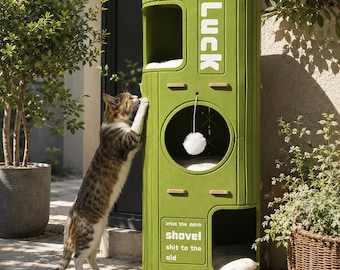 Modern multi-level outdoor cat tree · minimalist design · built-in cat house · climbing wall with toy