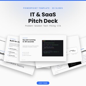 Può includere: Un modello PowerPoint per un pitch deck IT e SaaS contenente 22 diapositive. La presentazione presenta un tema chiaro con testo nero su sfondo bianco, mostrando sezioni come Problema, Soluzione, Tecnologia, Prezzi e CTA.