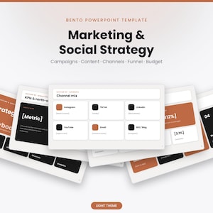 Könnte beinhalten: Eine Bento PowerPoint-Vorlage mit dem Titel Marketing & Social Strategy und den Unterüberschriften Campaigns, Content, Channels, Funnel, Budget. Die Folien haben ein helles Design mit weißen, schwarzen und terrakottafarbenen Blöcken und Symbolen.