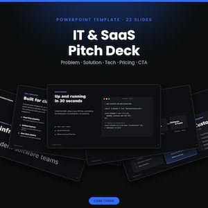 Può includere: Un modello PowerPoint con 22 diapositive per una presentazione IT e SaaS. Il design utilizza un tema scuro con testo bianco, inclusi titoli come IT & SaaS Pitch Deck, Problem, Solution, Tech, Pricing, CTA e Up and running in 30 seconds.