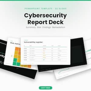 Modello PowerPoint per report sulla sicurezza informatica: valutazione della sicurezza e analisi delle minacce, tema chiaro, matrice dei rischi, file PPTX modificabile.