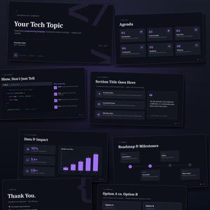 May include: A digital presentation template featuring a dark theme with purple accents. The slides include layouts for an agenda, code snippets, data charts, roadmaps, and comparison tables with text headers like Your Tech Topic and Data & Impact.