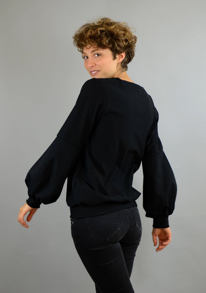 Oekotex jersey jumper SchwarzerPullover Cotton sweater with balloon sleeves in black balloon sleeve sweatshirt, black sweater