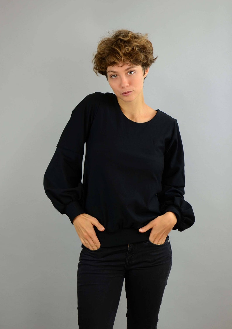 Oekotex jersey jumper SchwarzerPullover Cotton sweater with balloon sleeves in black balloon sleeve sweatshirt, black sweater