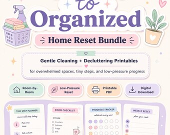 May include: A 29-page digital download home organization bundle titled Chaos to Organized. The printable set includes a tiny step planner, room checklists, a progress tracker, and a weekly reset sheet with pastel graphics of cleaning supplies.