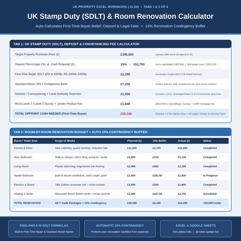 UK Stamp Duty SDLT Calculator and Room-by-Room Renovation Budget with 15% contingency Excel tabs 1 and 2