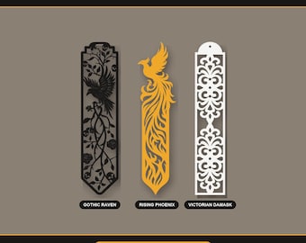 Gothic & Dark Academia Bookmark Trio | Set of 3 3D Printed Papercut Bookmarks | Raven, Phoenix and Victorian Damask Gift for Readers