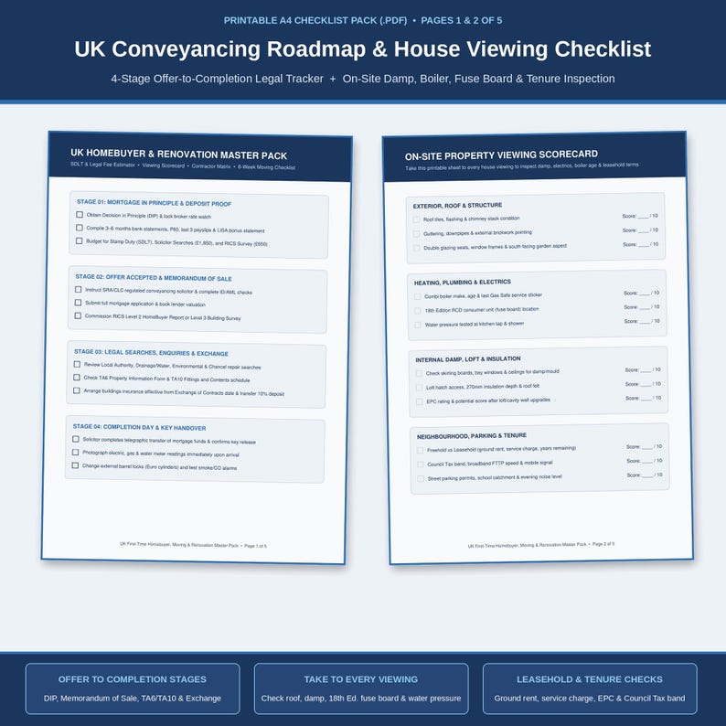 Printable A4 UK Conveyancing Roadmap and On-Site Property Viewing Checklist PDF pages 1 and 2