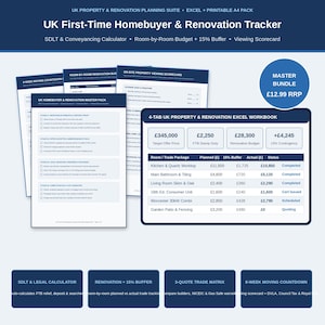 UK First-Time Homebuyer and Renovation Master Tracker Excel spreadsheet and printable A4 PDF pack