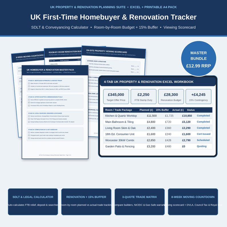 UK First-Time Homebuyer and Renovation Master Tracker Excel spreadsheet and printable A4 PDF pack
