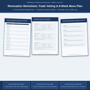 Printable A4 14-Zone Renovation Worksheet, Trade Vetting Matrix and 8-Week Moving Countdown PDF pages 3 to 5