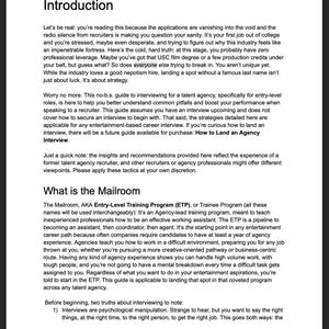 May include: A document page titled Introduction and What is the Mailroom, featuring black text on a white background. The content provides a guide to interviewing for talent agency roles, explaining the Entry-Level Training Program and career paths.