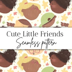 Pode incluir: Um padrão contínuo com rostos ilustrados de crianças com diversas cores e estilos de cabelo, intercalados com pequenas estrelas amarelas e rosas sobre um fundo creme. O texto Cute Little Friends Seamless pattern está centralizado.