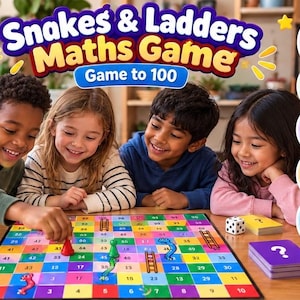 May include: A Snakes & Ladders Maths Game to 100 board game featuring a colourful grid numbered one to 100 with illustrated snakes and ladders. The set includes a white die, stacks of yellow and purple question mark cards, and game pieces.