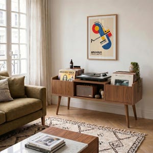 Mid Century Vinyl Console, Handmade Solid Wood Record Player Table With Dual LP Bins, Speaker Shelf, Wood Vinyl Stand
