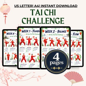 May include: A digital Tai Chi challenge guide featuring four pages of instructional exercise diagrams. The text reads US LETTER|A4|INSTANT DOWNLOAD, TAI CHI CHALLENGE, WEEK 1-FOUNDATION, WEEK 2-BALANCE, and 4 pages. Illustrations show figures in red.
