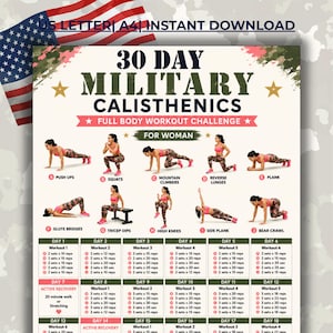Könnte beinhalten: Ein 30-Tage-Trainingsplan für militärische Calisthenics mit Illustrationen von Übungen von A bis J, darunter Liegestütze, Kniebeugen, Mountain Climbers, Ausfallschritte, Planks, Beckenheben, Trizeps-Dips, Kniehebelauf und Bärengang.