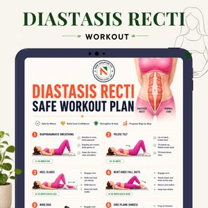 May include: A digital tablet screen displaying a Diastasis Recti Safe Workout Plan. The graphic includes an anatomical illustration of abdominal muscles, a New Chapter Fit logo, and six numbered exercise steps with text instructions.