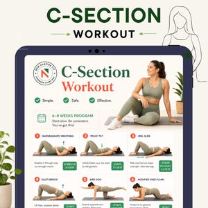 Peut inclure: Une tablette numérique affichant un guide d'exercices post-césarienne. L'écran présente un programme de 6 à 8 semaines avec six exercices illustrés : respiration diaphragmatique, bascule du bassin, glissement de talon, pont fessier, bird dog et planche.