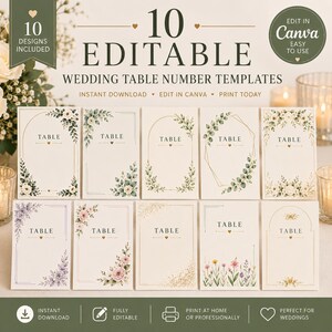 Può includere: Un set di 10 modelli modificabili per numeri da tavolo per matrimoni con vari disegni floreali e botanici con accenti dorati. Ogni carta rettangolare mostra la parola TABLE in un carattere serif, accompagnata da delicate illustrazioni di fiori, foglie e cornici geometriche su uno sfondo color crema.