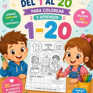 Números 1 al 20 para Colorear y Aprender | PDF A4 Imprimible | Conteo, Escritura Inicial y Valores Positivos | Preescolar