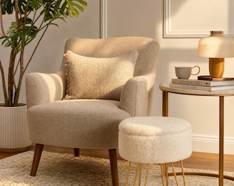 Cream Faux Fur Storage Ottoman, Round Pouf Seat, Vanity Stool, Side Table