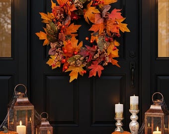50cm Fall Leaf Berry Halloween Wreath, Autumn Front Door Decor, Thanksgiving Harvest Wreath, Seasonal Wall Hanging, Halloween Decoration